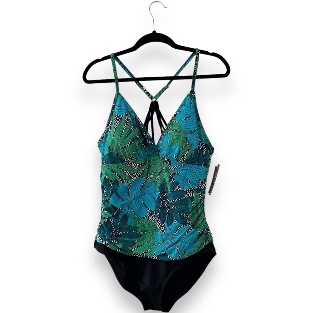NWOT Jantzen Black/Tropical Leaf Print One Piece Bathing Swimsuit Size 14